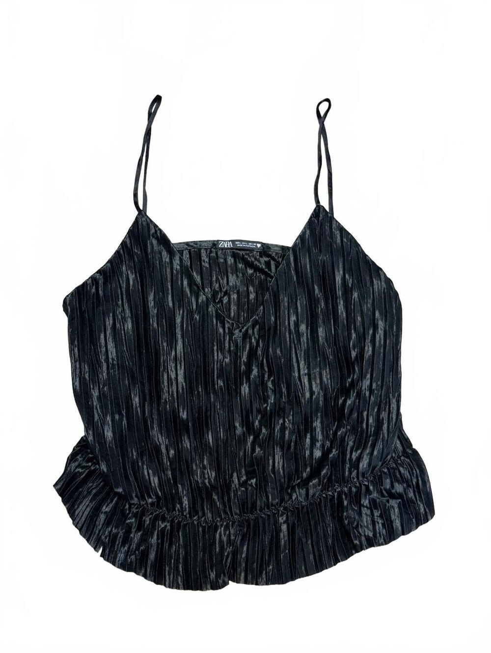 Zara NWT Black Pleated Tiered Cami Top Spaghetti Strap Peplum Camisole Size L